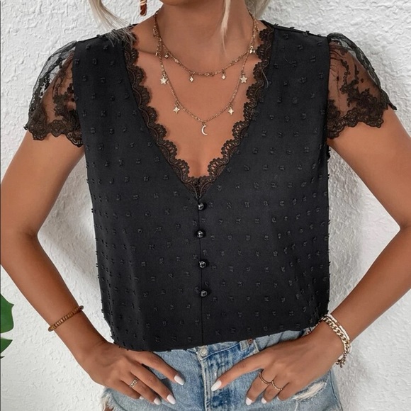 Boho black Swiss dot button detail blouse - Picture 4 of 5